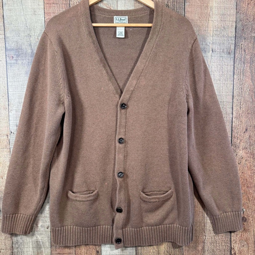 Vintage 90s LL Bean Mens Cardigan Sweater Large Tall Brown Cotton V-Neck Grandpa